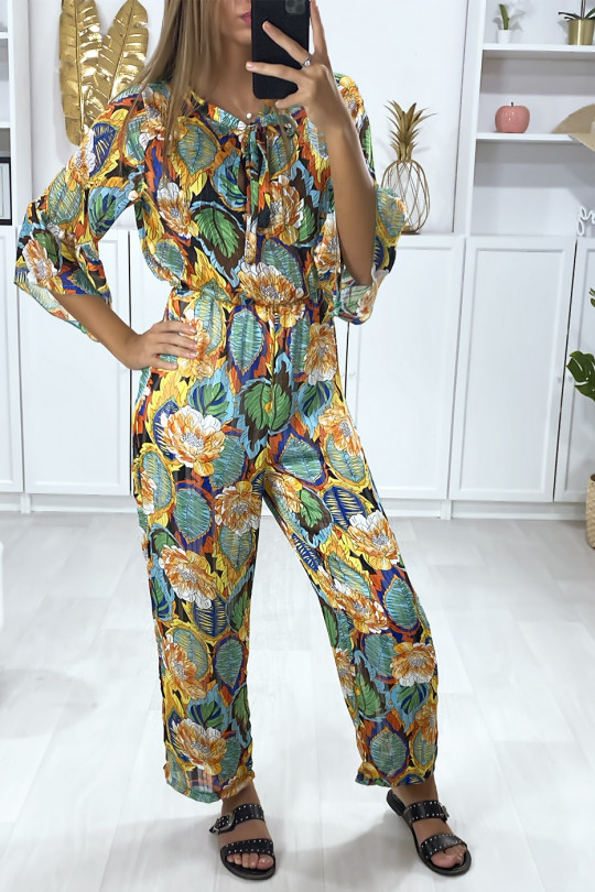 Mustard floral pattern jumpsuit with ruffle and gold thread - 3