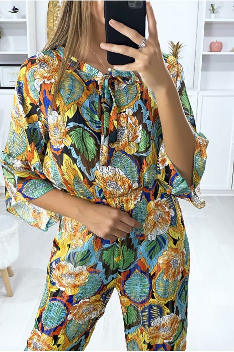 Mustard floral pattern jumpsuit with ruffle and gold thread - 4