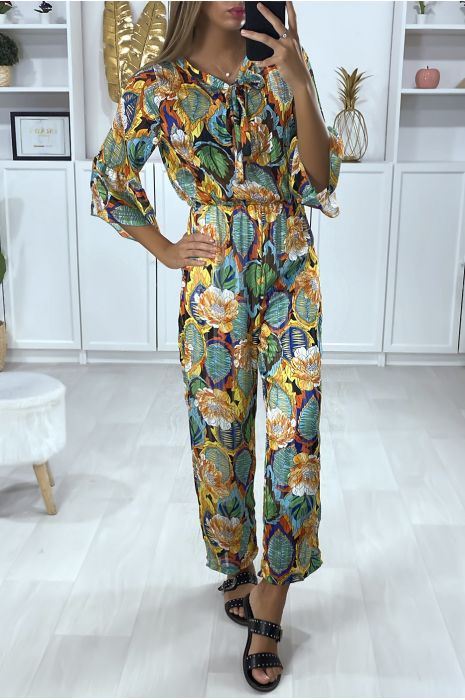 Mustard floral pattern jumpsuit with ruffle and gold thread - 5
