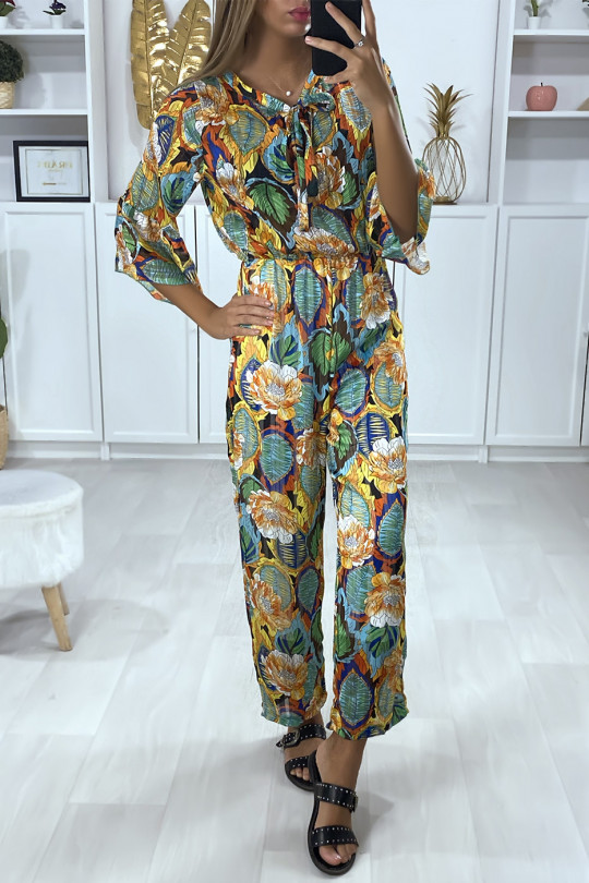 Mustard floral pattern jumpsuit with ruffle and gold thread - 5
