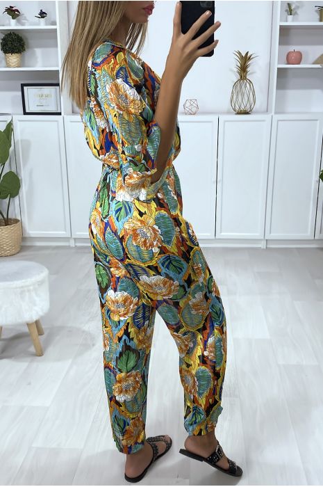 Mustard floral pattern jumpsuit with ruffle and gold thread - 6
