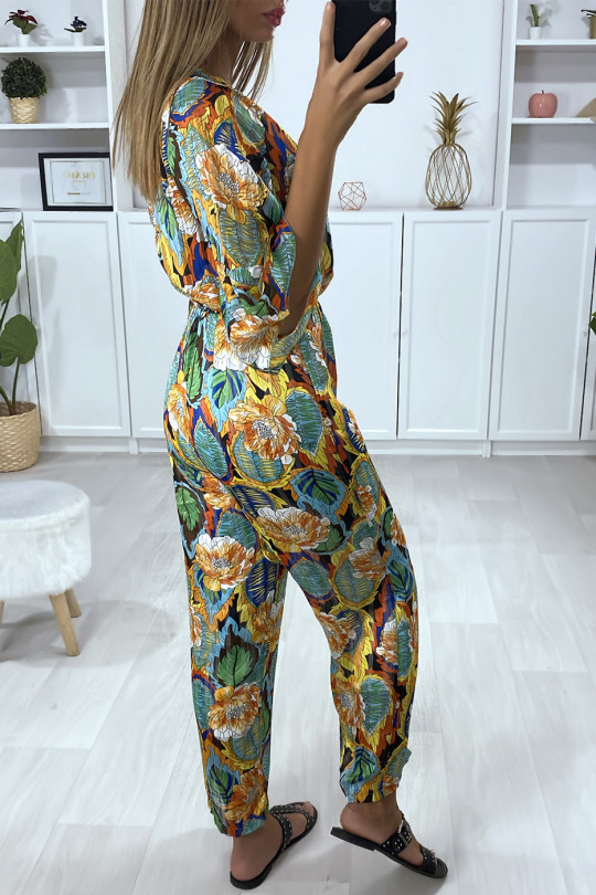 Mustard floral pattern jumpsuit with ruffle and gold thread - 6