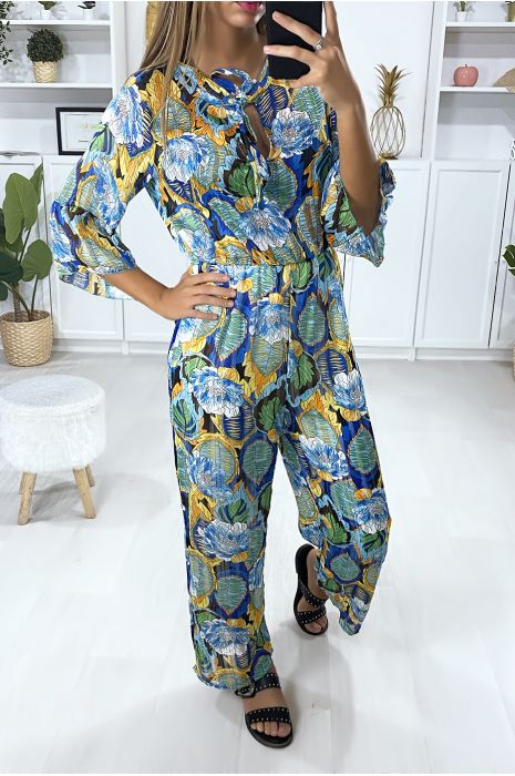 Combinaison motif fleuris en bleu avec volant et fils doré - 1