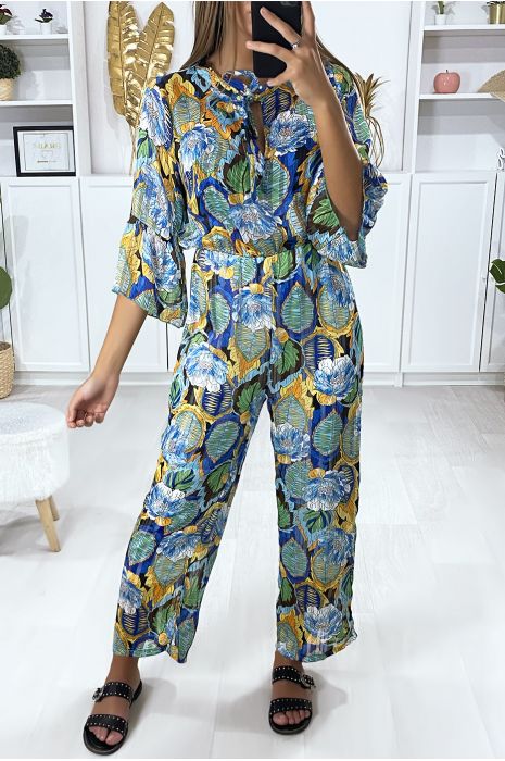 Combinaison motif fleuris en bleu avec volant et fils doré - 3