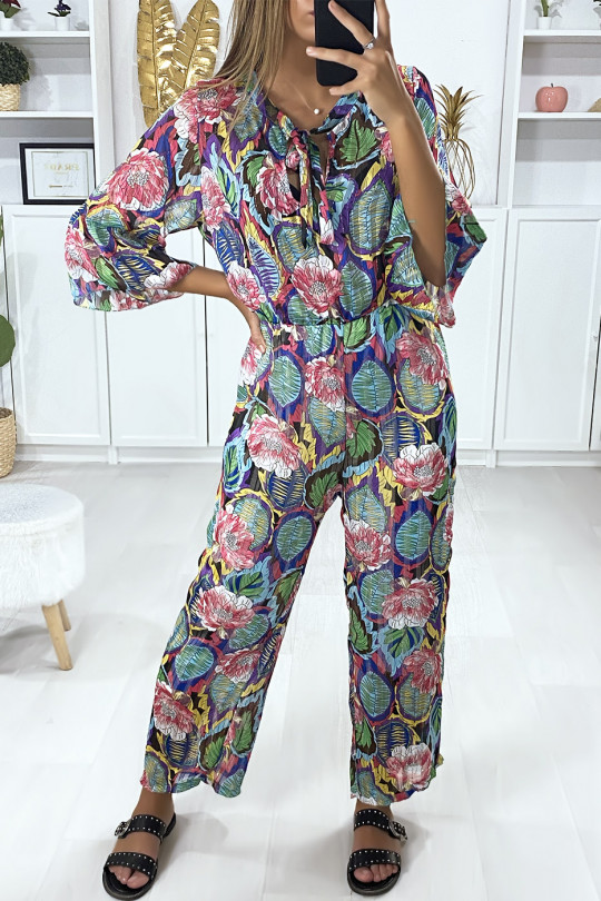 Floral motif jumpsuit in fuchsia with flounce and gold threads - 1