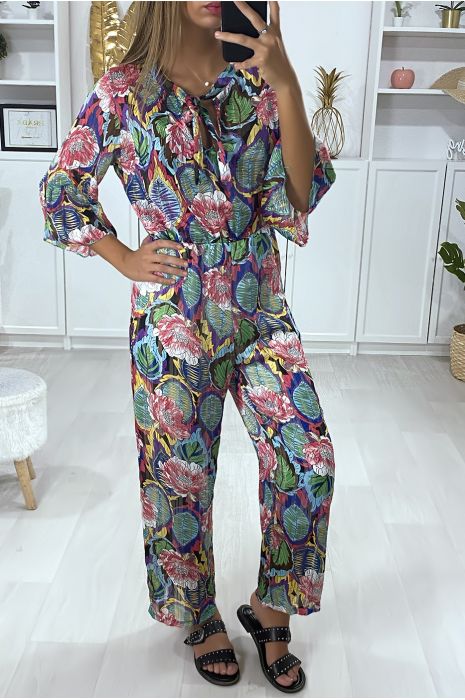 Jumpsuit met bloemenmotief in fuchsia met volant en gouden draden - 2