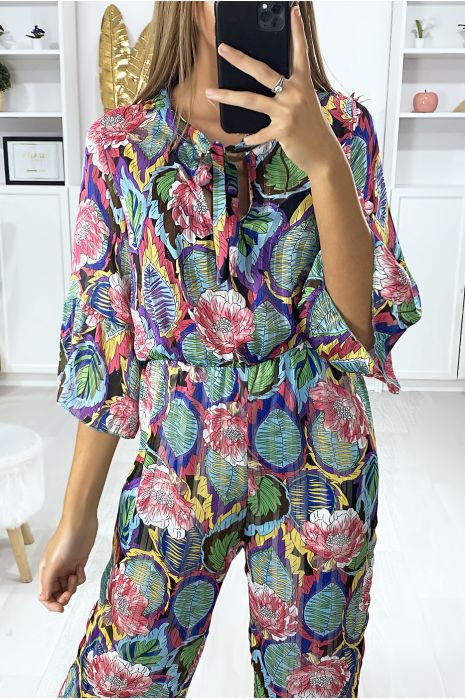 Floral motif jumpsuit in fuchsia with flounce and gold threads - 4