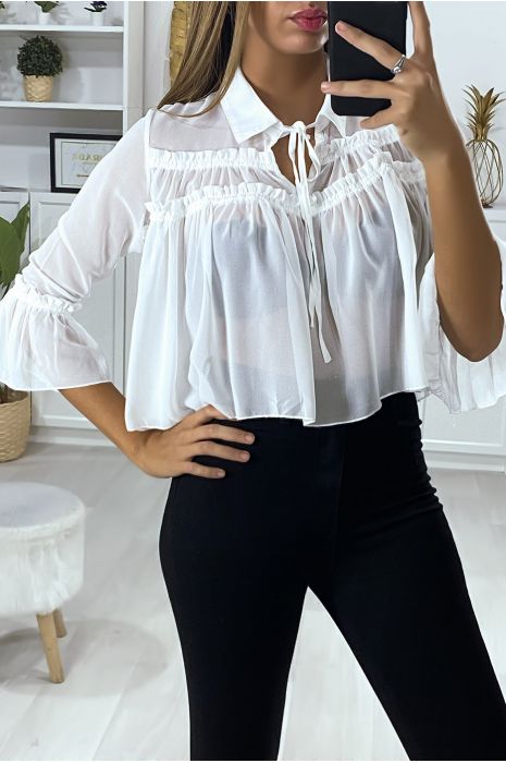 White crepe blouse with gathers at the front and ruffles on the sleeves - 1