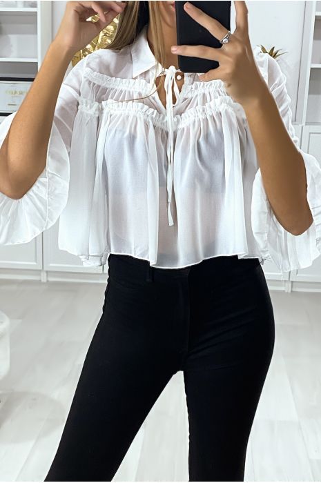White crepe blouse with gathers at the front and ruffles on the sleeves - 2