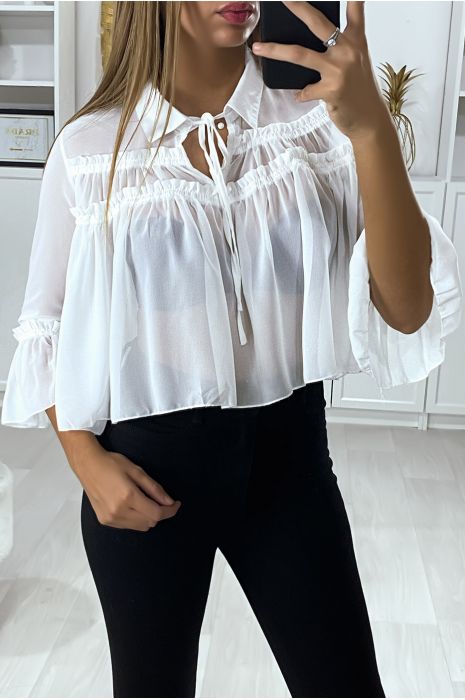 White crepe blouse with gathers at the front and ruffles on the sleeves - 3