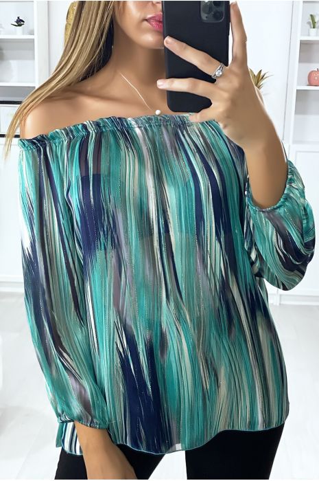 Blouse verte col bateau en crêpe imprimé vert avec fils doré - 1