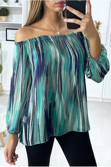 Blouse verte col bateau en crêpe imprimé vert avec fils doré - 2