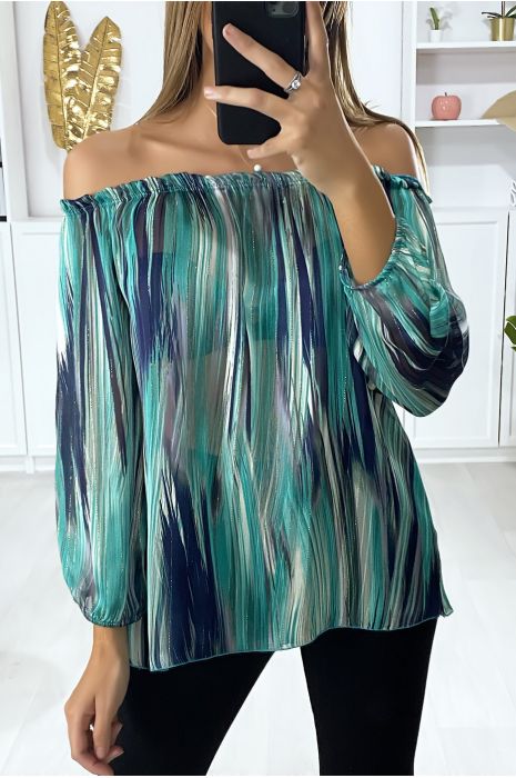 Blouse verte col bateau en crêpe imprimé vert avec fils doré - 3