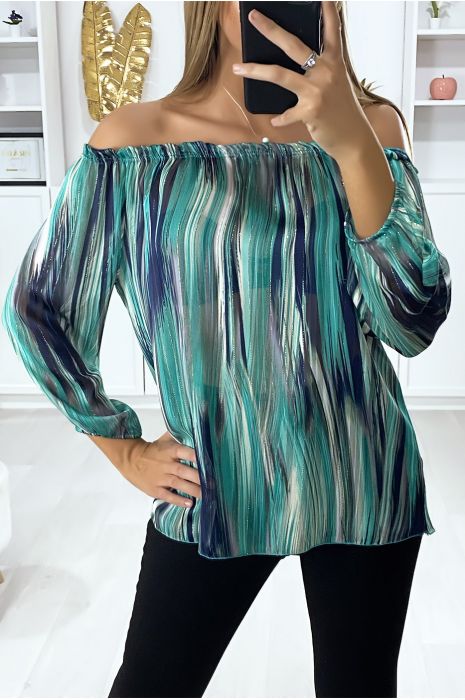 Blouse verte col bateau en crêpe imprimé vert avec fils doré - 4