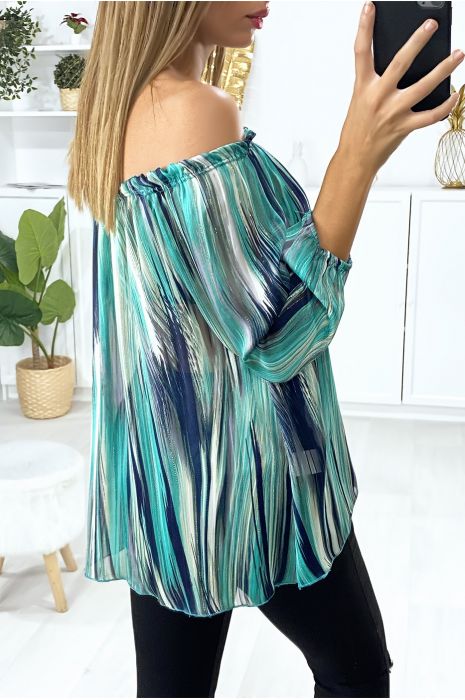 Blouse verte col bateau en crêpe imprimé vert avec fils doré - 5