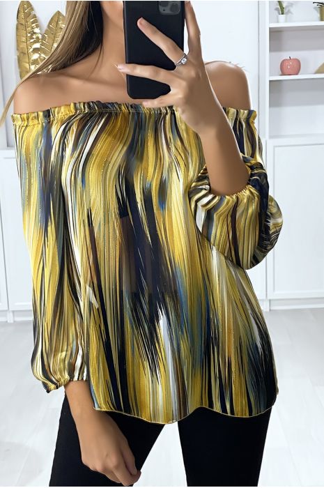 Blouse moutarde col bateau en crêpe imprimé vert avec fils doré - 1