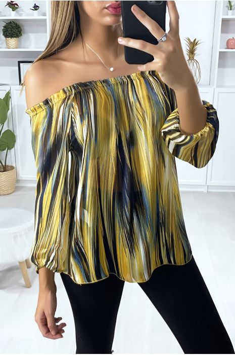 Blouse moutarde col bateau en crêpe imprimé vert avec fils doré - 2