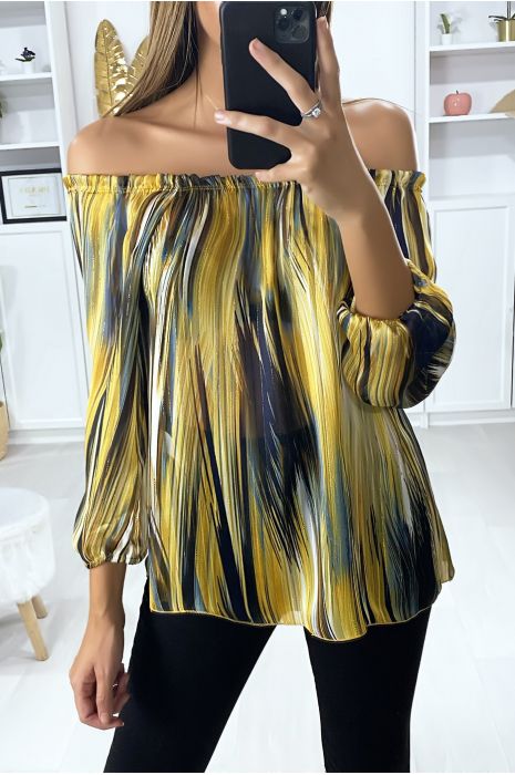 Blouse moutarde col bateau en crêpe imprimé vert avec fils doré - 3