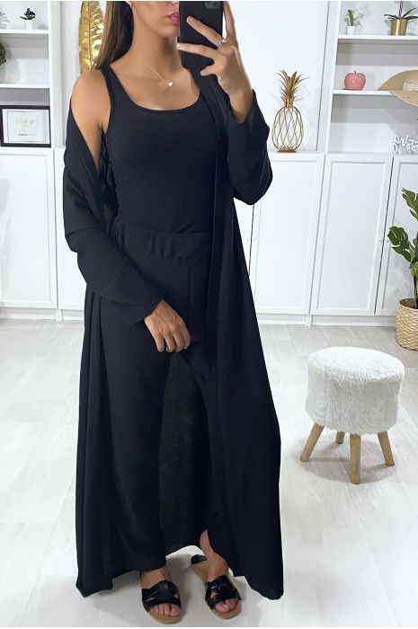 Ensemble long gilet avec ceinture et pantalon palazzo noir - 1