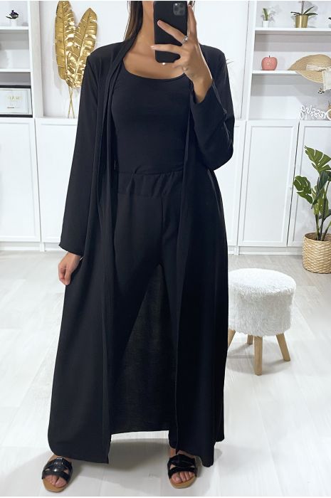 Ensemble long gilet avec ceinture et pantalon palazzo noir - 2