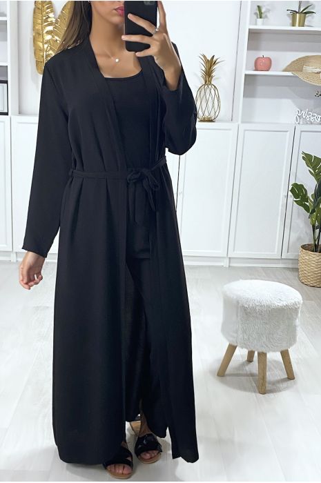 Ensemble long gilet avec ceinture et pantalon palazzo noir - 3