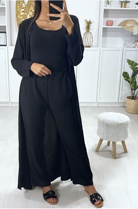 Ensemble long gilet avec ceinture et pantalon palazzo noir - 6