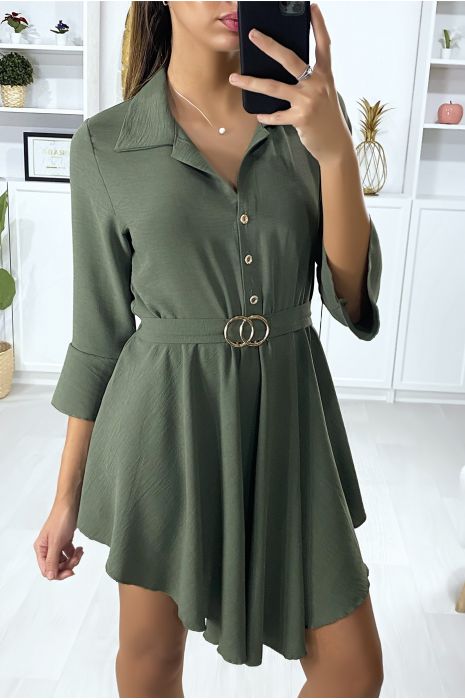 Robe tunique kaki avec ceinture boucle et col chemise boutonnés - 2