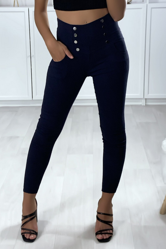 Slim navy stretch pants with buttons and pockets - 2