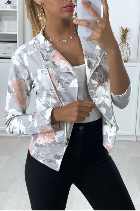 Blazer à motif gris et blanc en coton gratté avec fermeture - 1