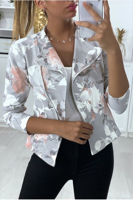 Blazer à motif gris et blanc en coton gratté avec fermeture - 2