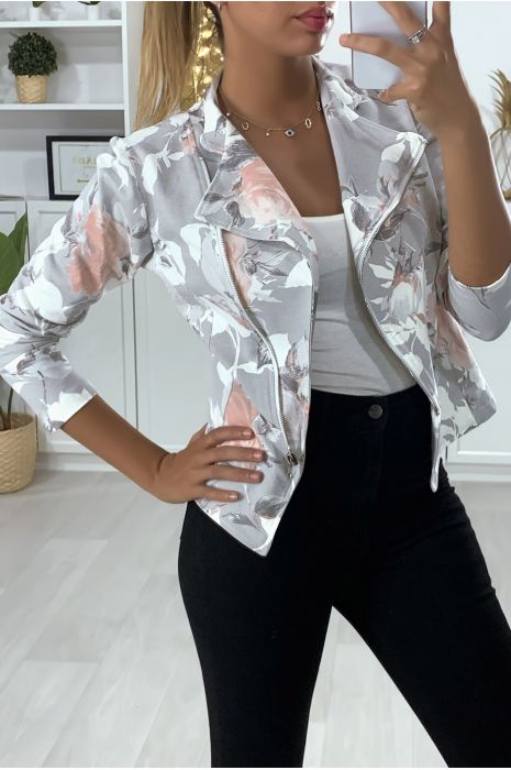 Blazer à motif gris et blanc en coton gratté avec fermeture - 3
