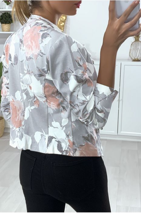 Blazer à motif gris et blanc en coton gratté avec fermeture - 4