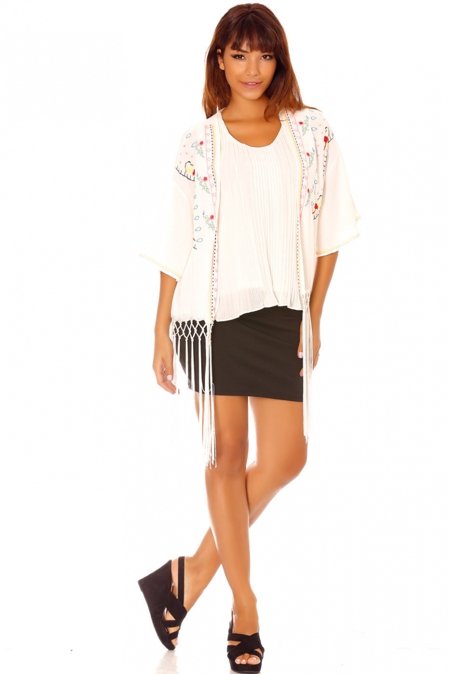 Veste Kimono à broderies et franges C902 - 1