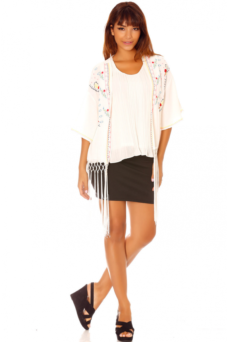 White Kimono Jacket with Embroidery and Fringes C902 - 1