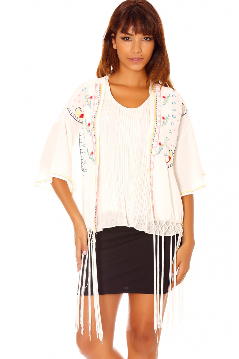 White Kimono Jacket with Embroidery and Fringes C902 - 2