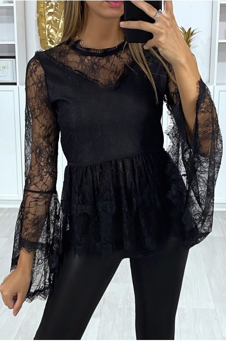 Blouse en dentelle noir à volant avec fermeture au dos - 2