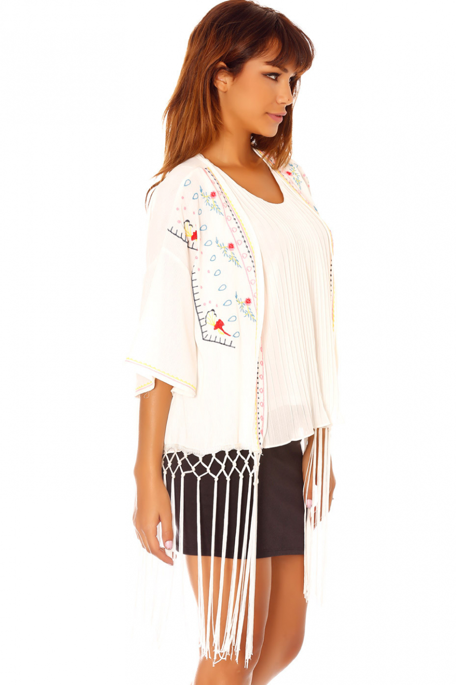 White Kimono Jacket with Embroidery and Fringes C902 - 3