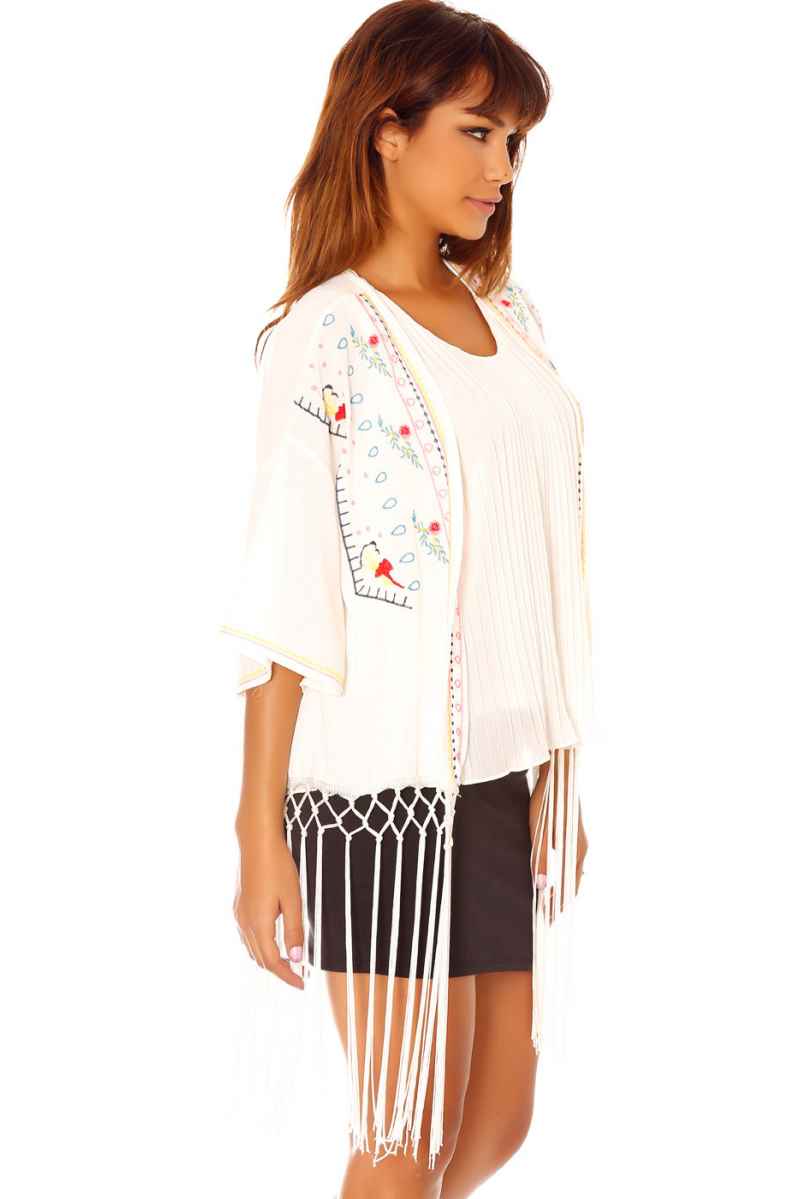 White Kimono Jacket with Embroidery and Fringes C902 - 3