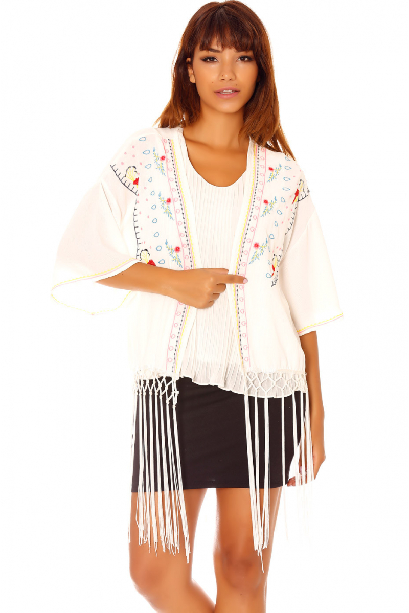 White Kimono Jacket with Embroidery and Fringes C902 - 5
