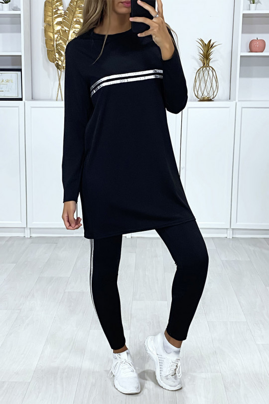 Ensemble sport tunique et leggings noir pour femme avec bandes argent