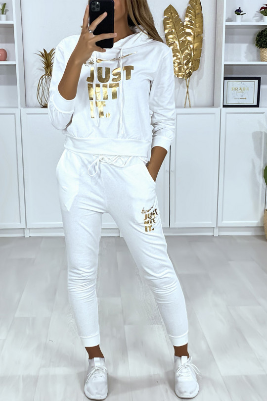 EnJJmble jogging suit with hood and pockets in white with writing and drawing derived from the golden brand - 1