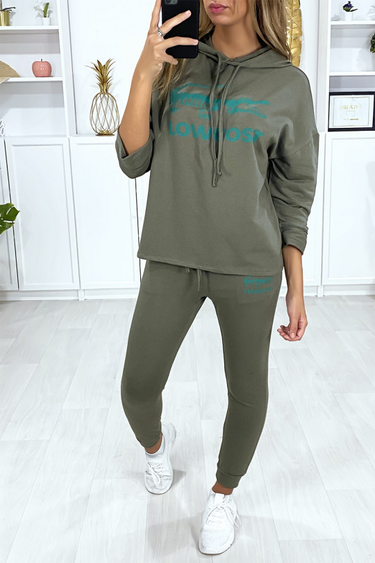 Khaki set with jogging pockets and hoodie with writing and design - 3