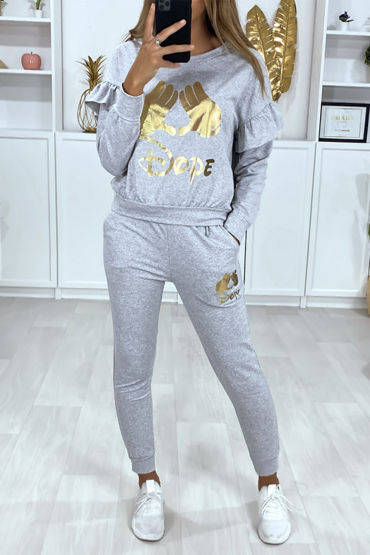 Gray set with jogging pockets and gold pattern writing on the sweatshirt - 1