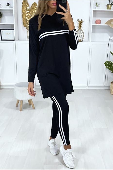 Ensemble tunique et leggings noir avec bandes blanche - 2