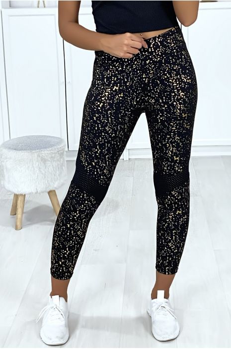 Legging noir style push up très sportive avec taches gold et filet aux genoux - 2