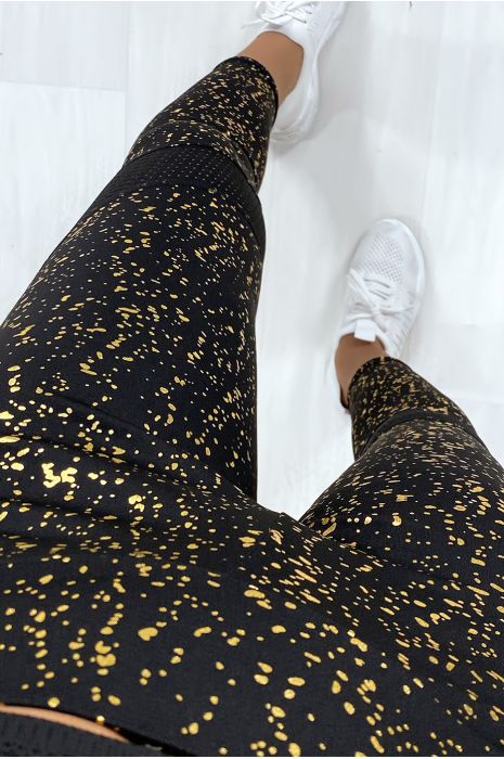 Legging noir style push up très sportive avec taches gold et filet aux genoux - 3