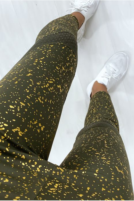 Legging kaki style push up très sportive avec taches gold et filet aux genoux - 5
