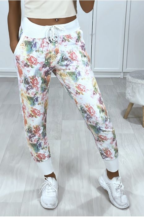 Jogging blanc en coton délavé motif fleurs - 1
