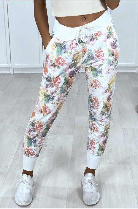 Jogging blanc en coton délavé motif fleurs - 2