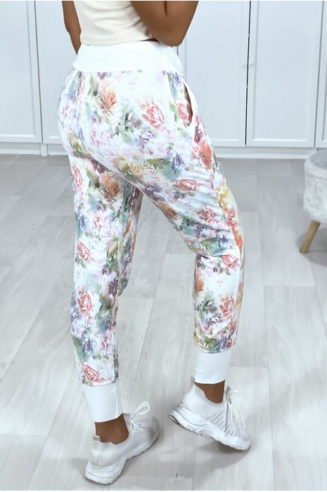 Jogging blanc en coton délavé motif fleurs - 4